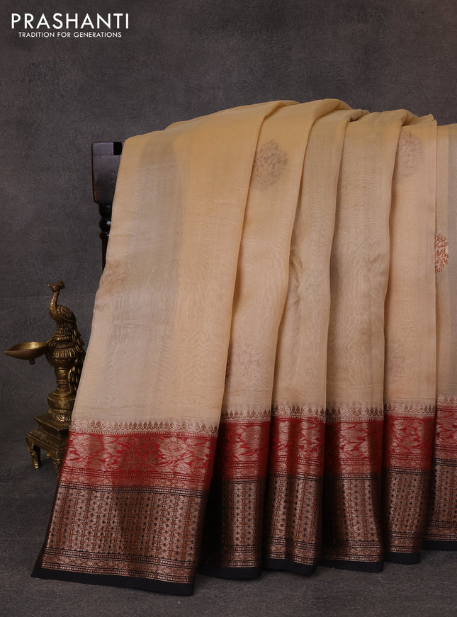 Banarasi organza saree sandal and maroon black with thread & zari woven buttas and long woven border
