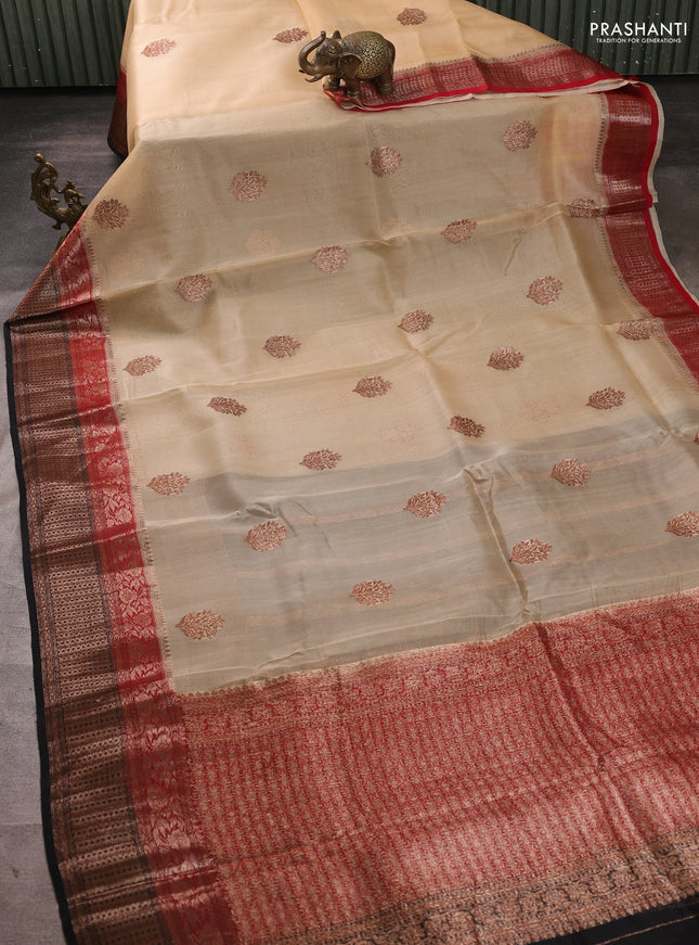 Banarasi organza saree sandal and maroon black with thread & zari woven buttas and long woven border