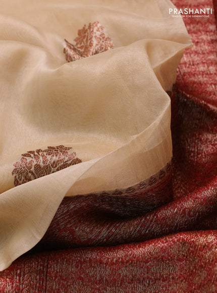 Banarasi organza saree sandal and maroon black with thread & zari woven buttas and long woven border