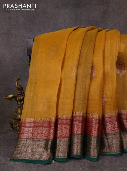 Banarasi organza saree mustard yellow and maroon green with thread & zari woven buttas and long woven border