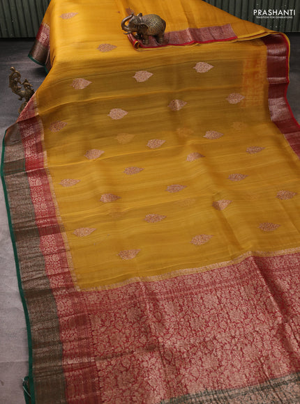 Banarasi organza saree mustard yellow and maroon green with thread & zari woven buttas and long woven border