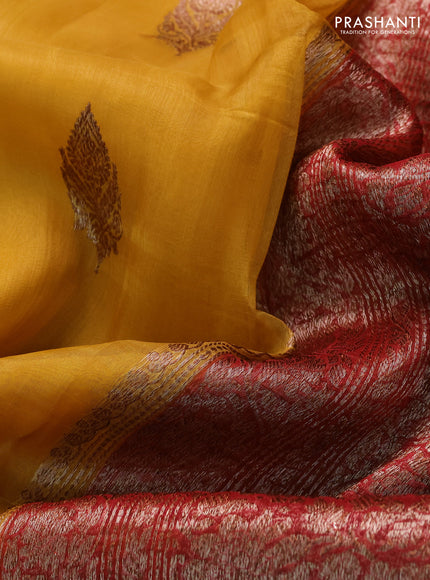 Banarasi organza saree mustard yellow and maroon green with thread & zari woven buttas and long woven border