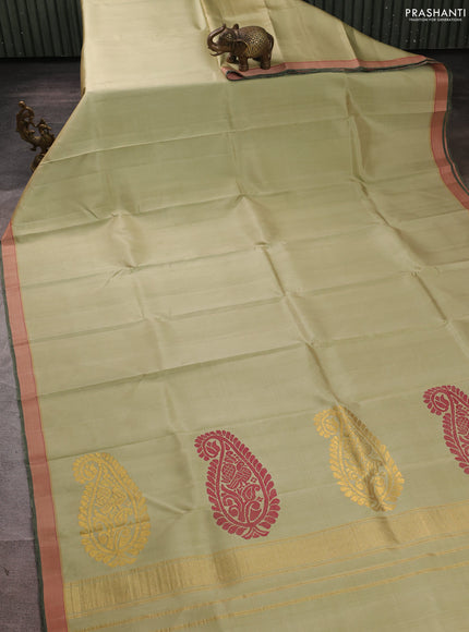 Pure kanchipuram silk saree pista green and red with plain body and thread woven border