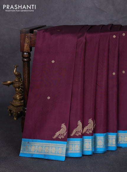 Pure kanchipuram silk saree deep wine and peacock blue with zari woven buttas and zari woven border