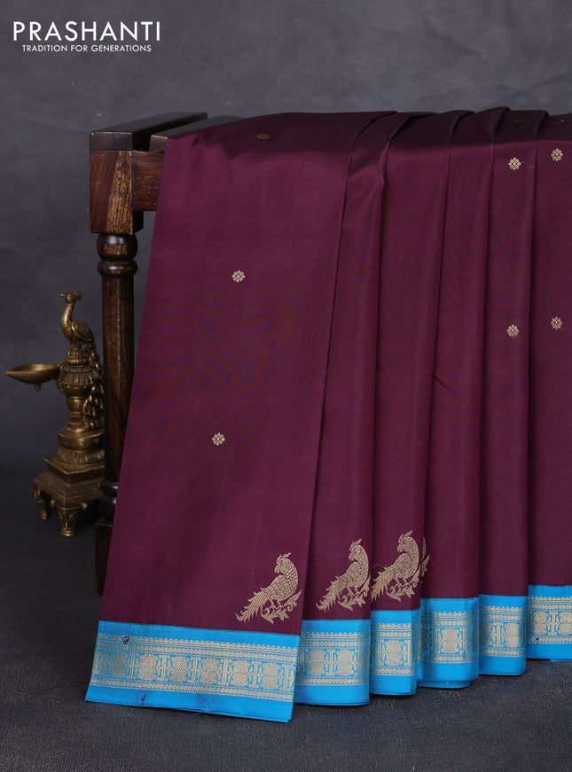 Pure kanchipuram silk saree deep wine and peacock blue with zari woven buttas and zari woven border