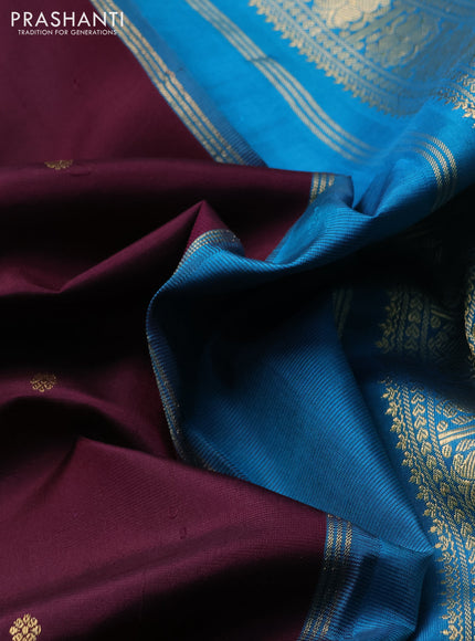 Pure kanchipuram silk saree deep wine and peacock blue with zari woven buttas and zari woven border