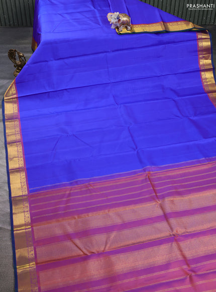 Pure kanchipuram silk saree royal blue and orange with plain body and zari woven border