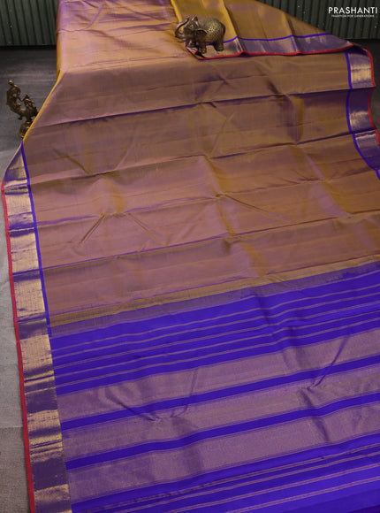 Pure kanchipuram silk saree dual shade of mustard and royal blue with plain body and zari woven border