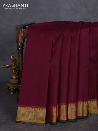 Pure kanchipuram silk saree wine shade and rust shade with plain body and temple zari woven border