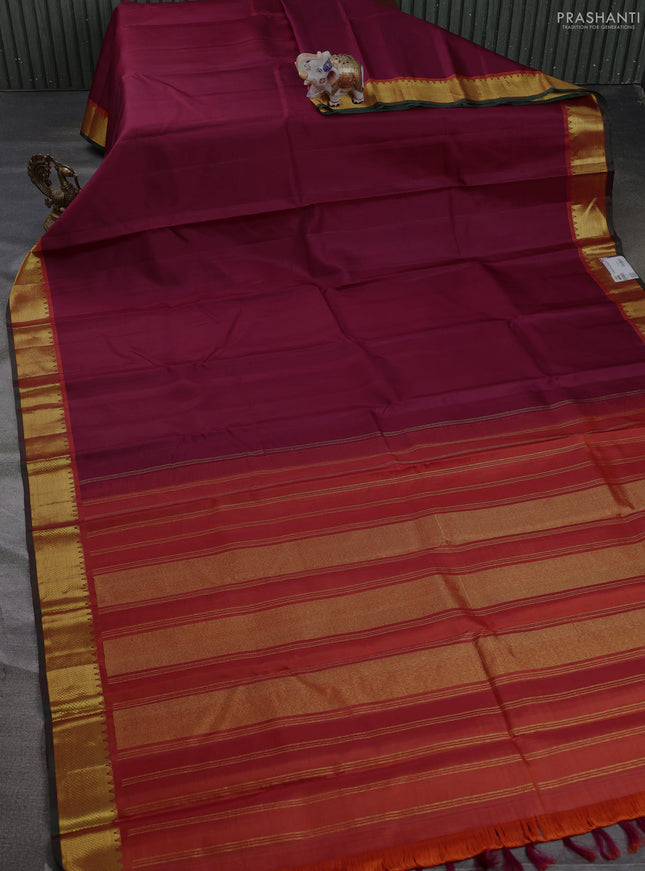 Pure kanchipuram silk saree wine shade and rust shade with plain body and temple zari woven border