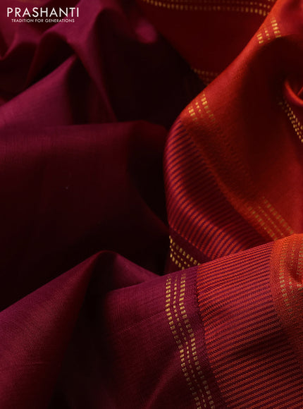 Pure kanchipuram silk saree wine shade and rust shade with plain body and temple zari woven border