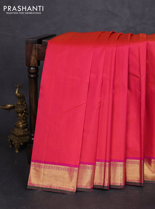 Pure kanchipuram silk saree dual shade of pink  and pink with plain body and zari woven border