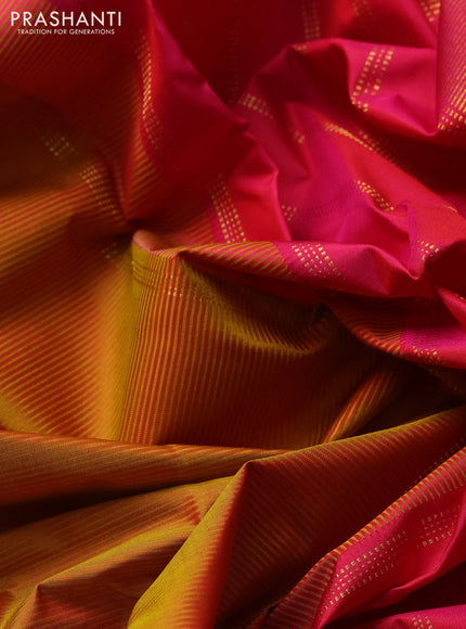 Pure kanchipuram silk saree mustard yellow and pink with plain body and zari woven border