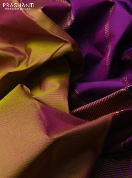 Pure kanchipuram silk saree dual shade of mustard and purple with plain body and zari woven border