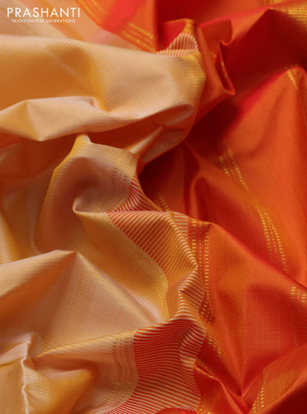 Pure kanchipuram silk saree pale yellow and orange with plain body and zari woven border