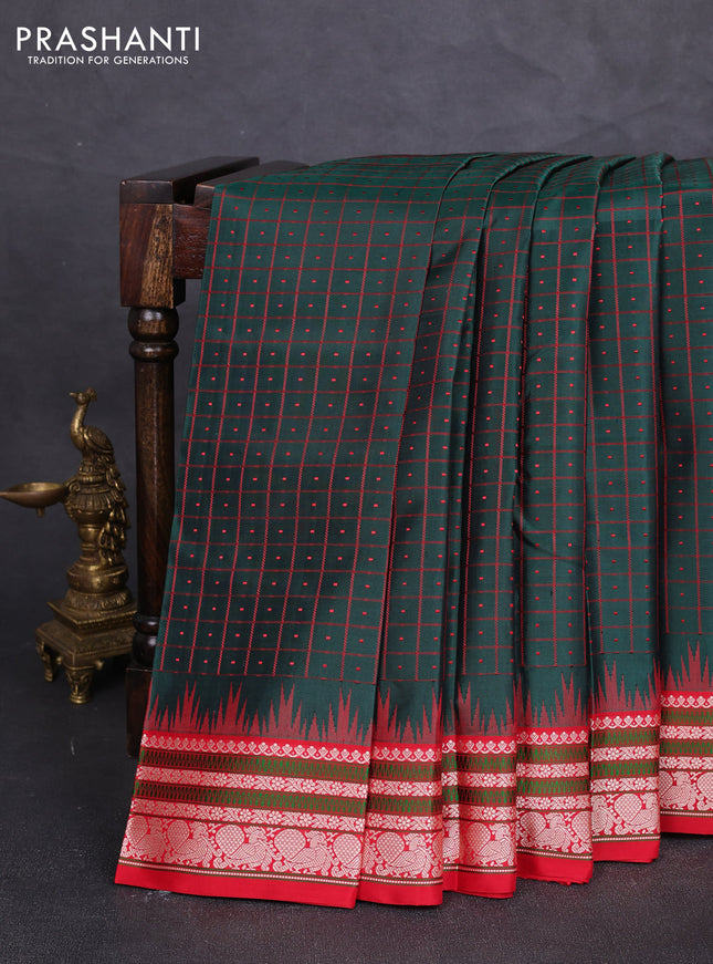 Pure kanchipuram silk saree green and red with allover checks & buttas and temple design thread woven border