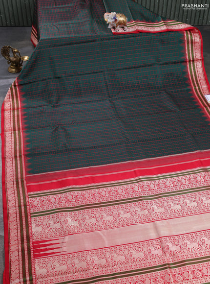 Pure kanchipuram silk saree green and red with allover checks & buttas and temple design thread woven border