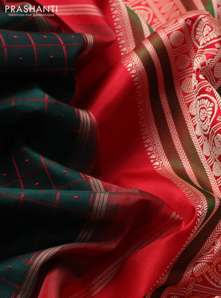 Pure kanchipuram silk saree green and red with allover checks & buttas and temple design thread woven border