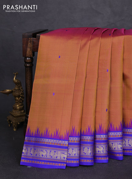 Pure kanchipuram silk saree dual shade of rust shade and royal blue with thread woven buttas and temple design thread woven border