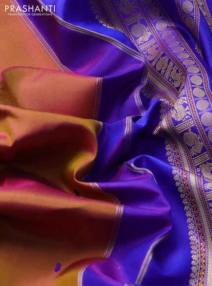 Pure kanchipuram silk saree dual shade of rust shade and royal blue with thread woven buttas and temple design thread woven border