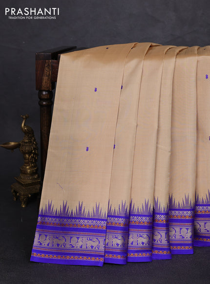 Pure kanchipuram silk saree beige and royal blue with thread woven buttas and temple design thread woven border