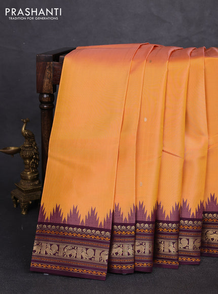 Pure kanchipuram silk saree peach orange and deep wine with zari woven buttas and temple design zari woven border