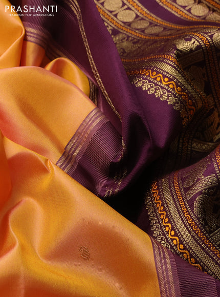 Pure kanchipuram silk saree peach orange and deep wine with zari woven buttas and temple design zari woven border