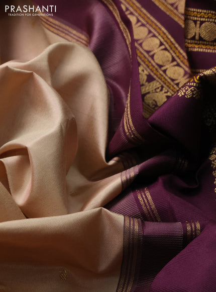 Pure kanchipuram silk saree beige and deep wine with zari woven buttas and temple design zari woven border