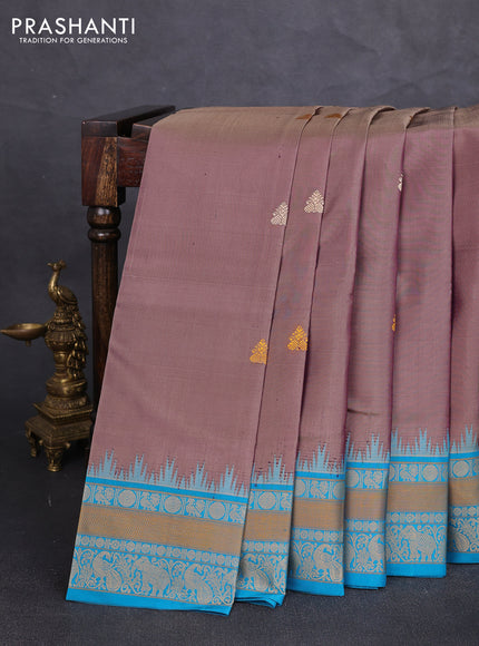 Pure kanchipuram silk saree dark beige and teal blue with thread woven buttas and temple design thread woven border