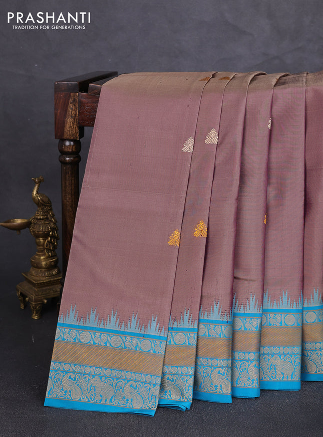 Pure kanchipuram silk saree dark beige and teal blue with thread woven buttas and temple design thread woven border