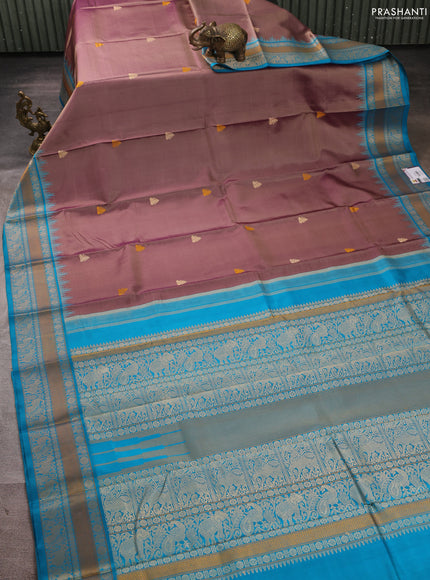 Pure kanchipuram silk saree dark beige and teal blue with thread woven buttas and temple design thread woven border