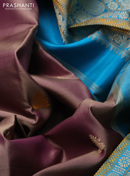 Pure kanchipuram silk saree dark beige and teal blue with thread woven buttas and temple design thread woven border
