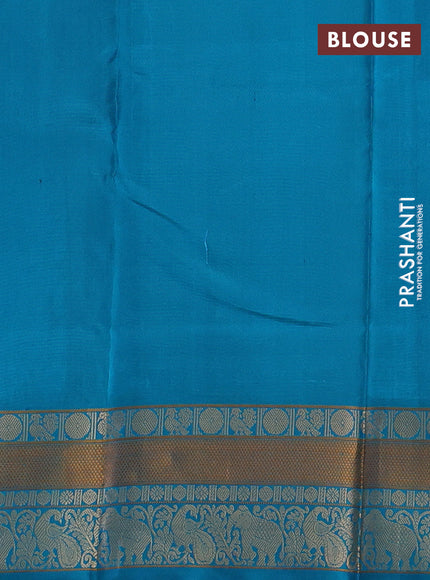 Pure kanchipuram silk saree dark beige and teal blue with thread woven buttas and temple design thread woven border