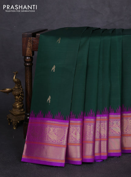 Pure kanchipuram silk saree bottle green and purple with zari woven buttas and temple design zari woven border
