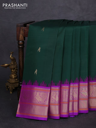 Pure kanchipuram silk saree bottle green and purple with zari woven buttas and temple design zari woven border