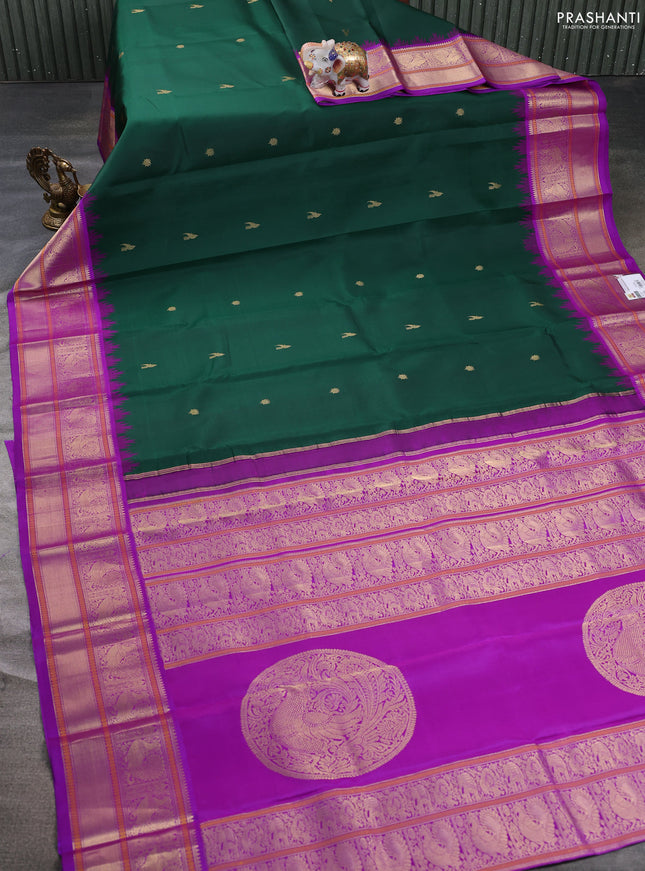 Pure kanchipuram silk saree bottle green and purple with zari woven buttas and temple design zari woven border