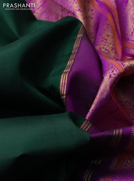 Pure kanchipuram silk saree bottle green and purple with zari woven buttas and temple design zari woven border