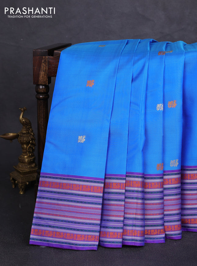 Pure kanchipuram silk saree blue and purple with thread woven buttas and long thread woven border