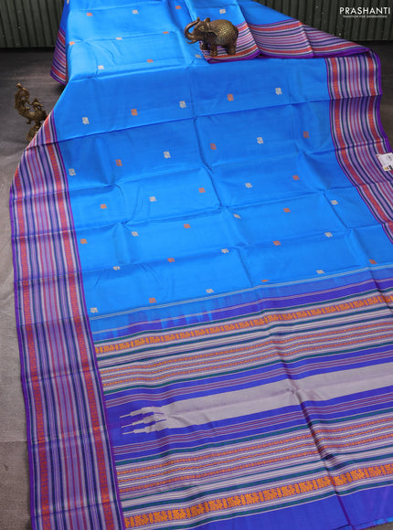 Pure kanchipuram silk saree blue and purple with thread woven buttas and long thread woven border