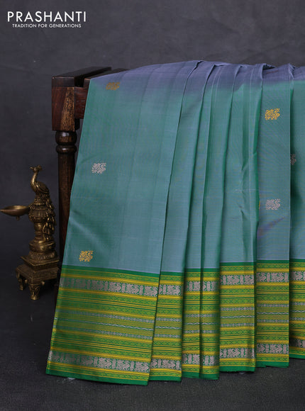Pure kanchipuram silk saree dual shade green and green with thread woven buttas and long thread woven border