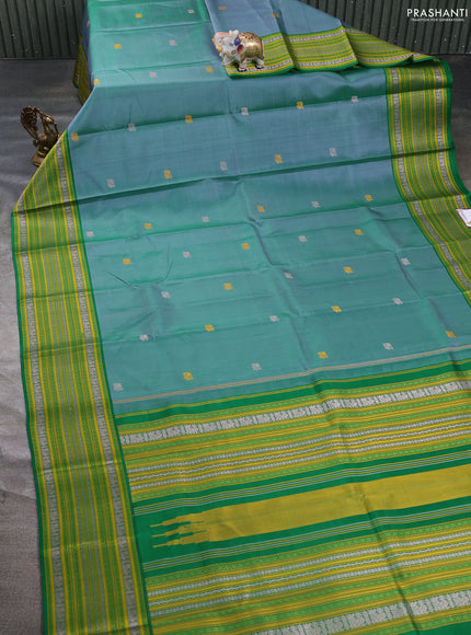 Pure kanchipuram silk saree dual shade green and green with thread woven buttas and long thread woven border