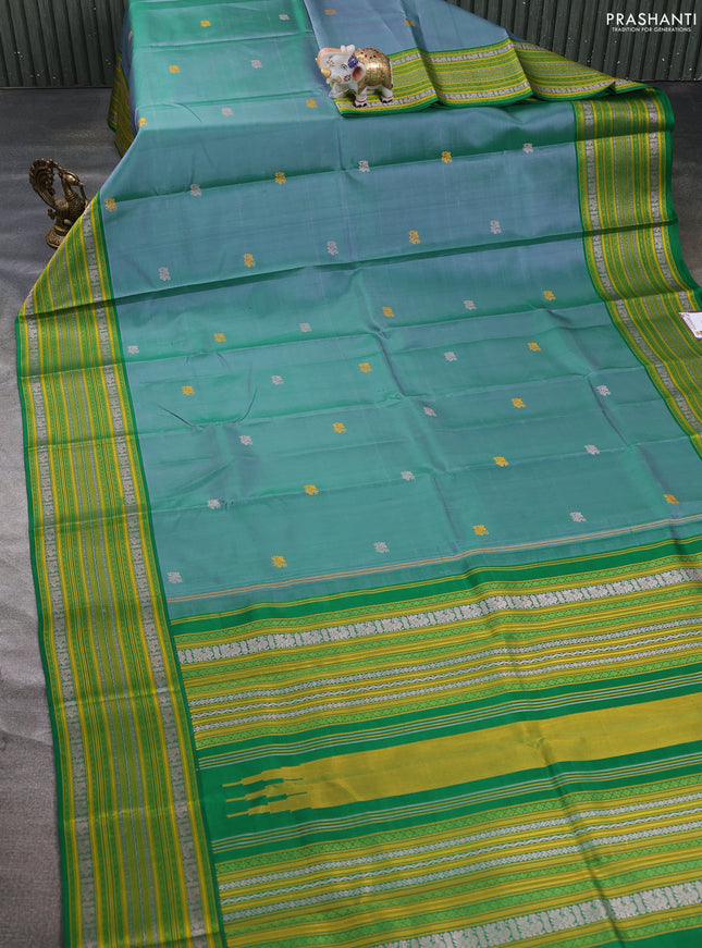 Pure kanchipuram silk saree dual shade green and green with thread woven buttas and long thread woven border
