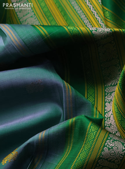 Pure kanchipuram silk saree dual shade green and green with thread woven buttas and long thread woven border