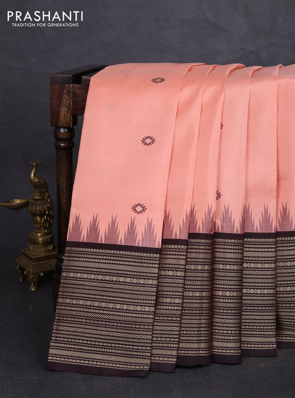 Pure kanchipuram silk saree peach orange and coffee brown with thread & zari woven buttas and temple design long zari woven border