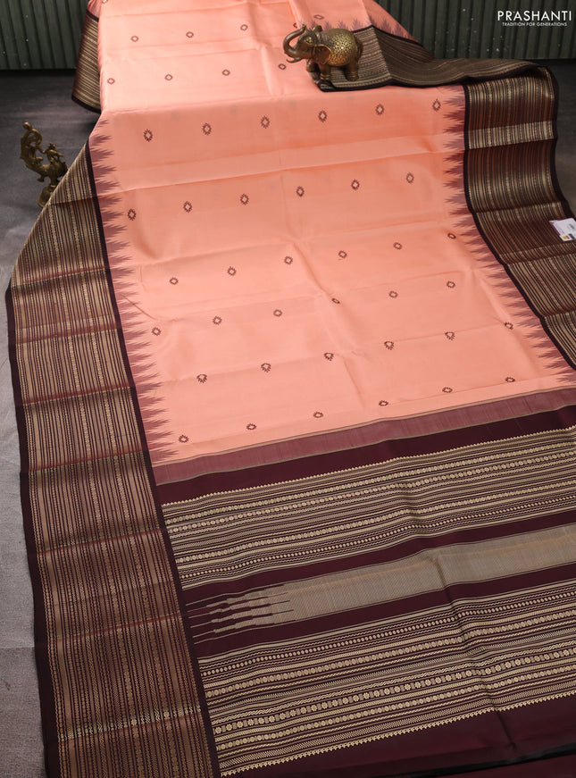 Pure kanchipuram silk saree peach orange and coffee brown with thread & zari woven buttas and temple design long zari woven border