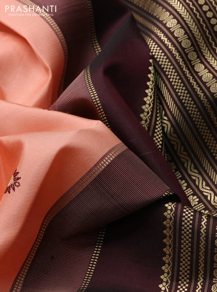Pure kanchipuram silk saree peach orange and coffee brown with thread & zari woven buttas and temple design long zari woven border