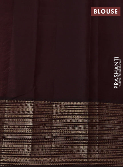 Pure kanchipuram silk saree peach orange and coffee brown with thread & zari woven buttas and temple design long zari woven border