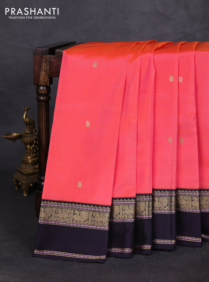 Pure kanchipuram silk saree dual shade of pinkish orange and deep violet with annam zari woven buttas and rettapet zari woven border