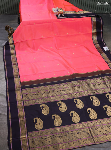 Pure kanchipuram silk saree dual shade of pinkish orange and deep violet with annam zari woven buttas and rettapet zari woven border