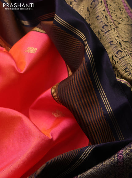 Pure kanchipuram silk saree dual shade of pinkish orange and deep violet with annam zari woven buttas and rettapet zari woven border